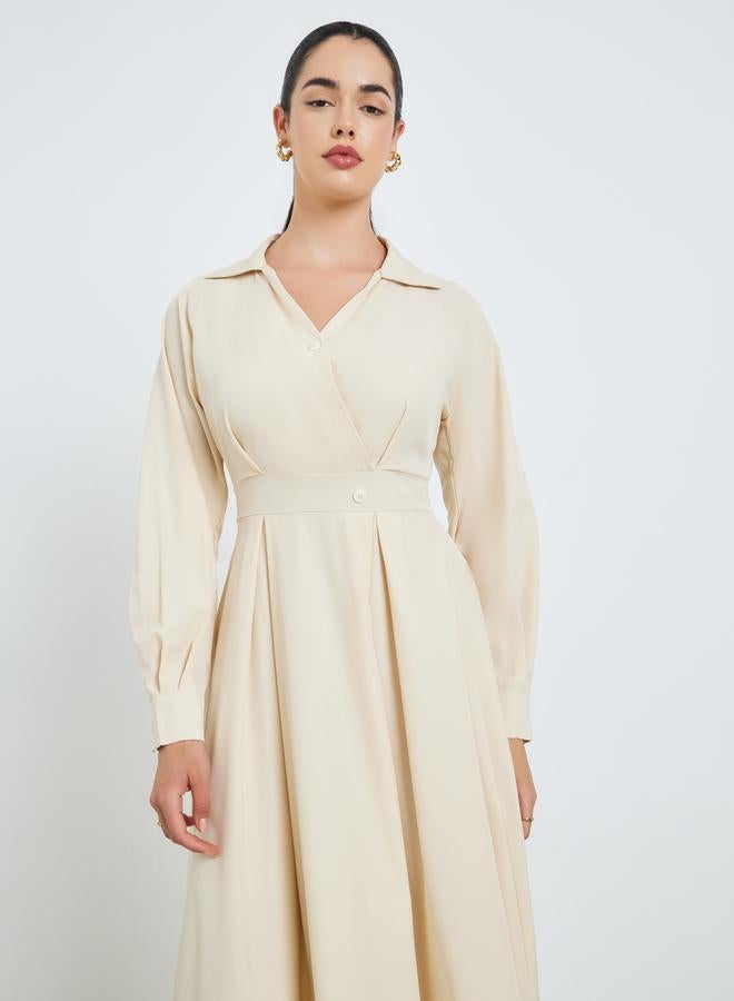 Styli Women Beige Pleated A-Line Maxi Dress - Image 1